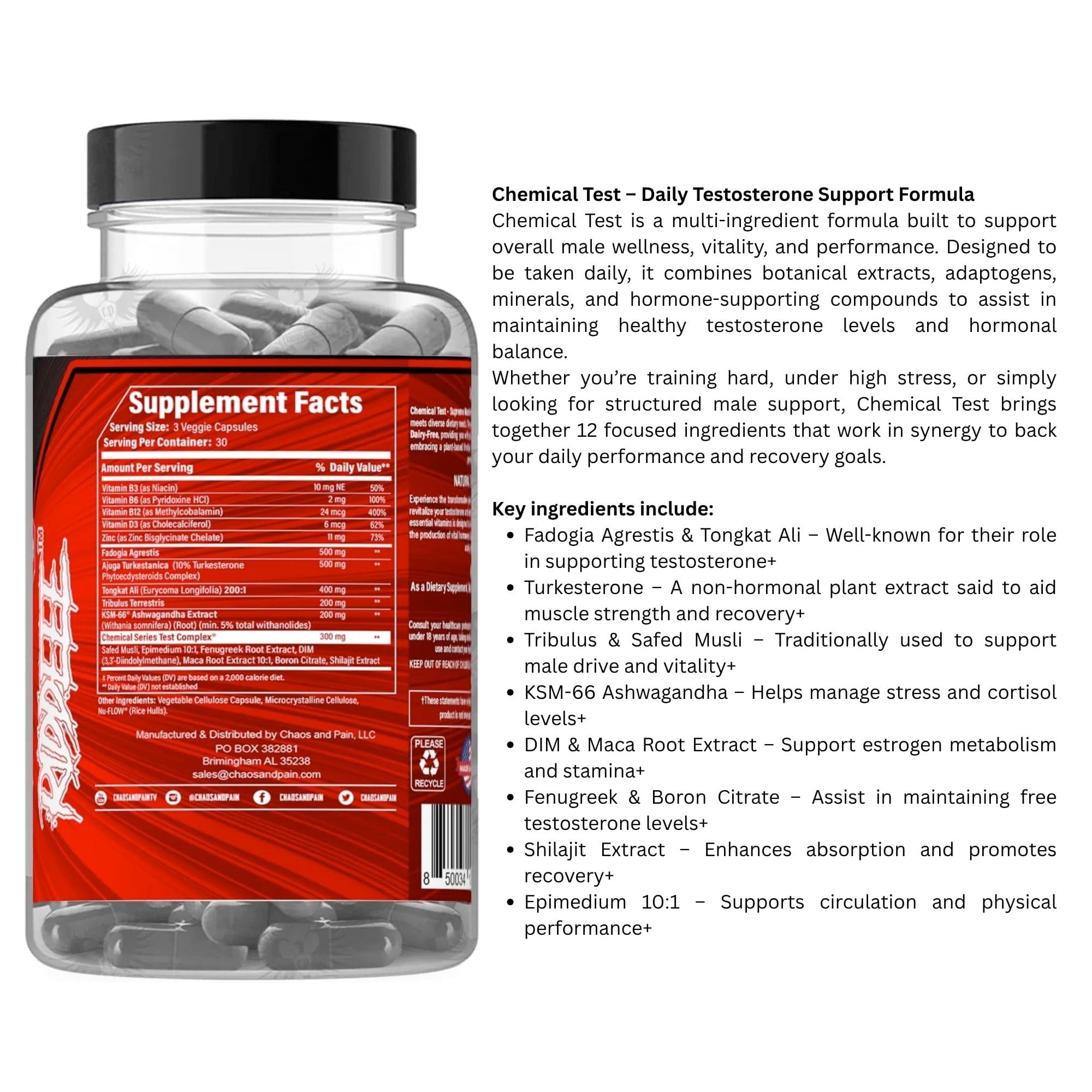 Supplement bottle with red label and white text on a white background