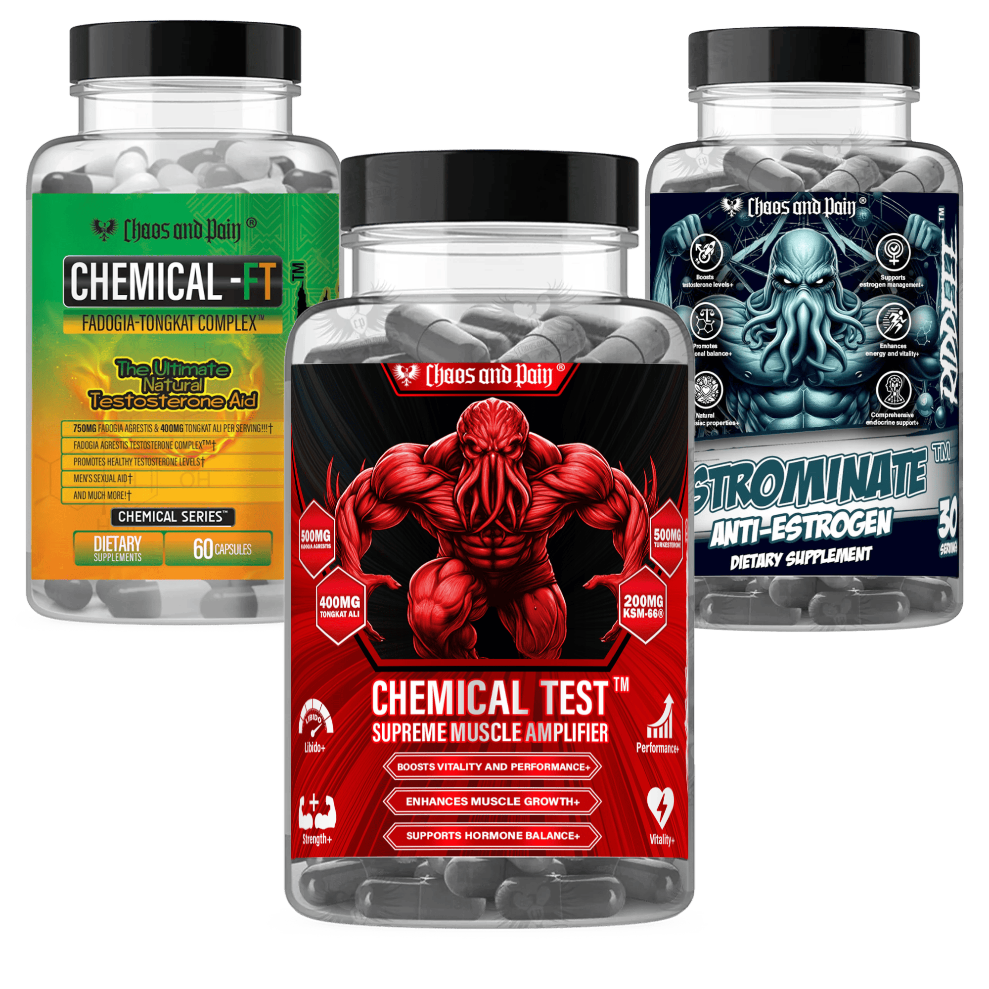 Three supplement bottles with different labels on a white background