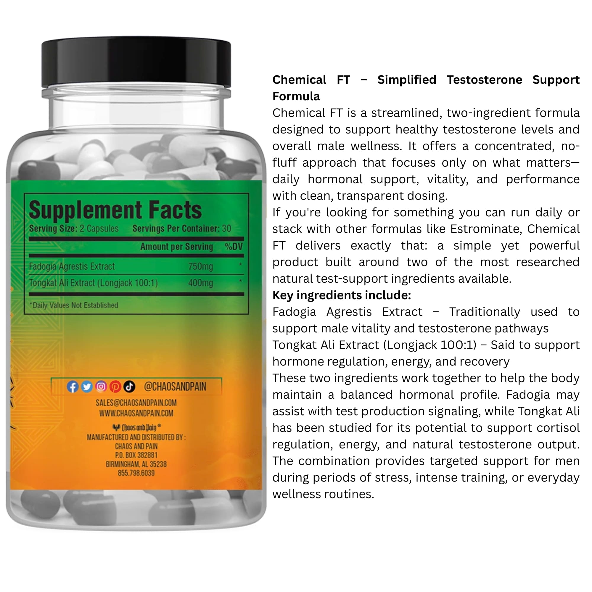 Supplement bottle with label detailing 'Chemical FT' testosterone support formula